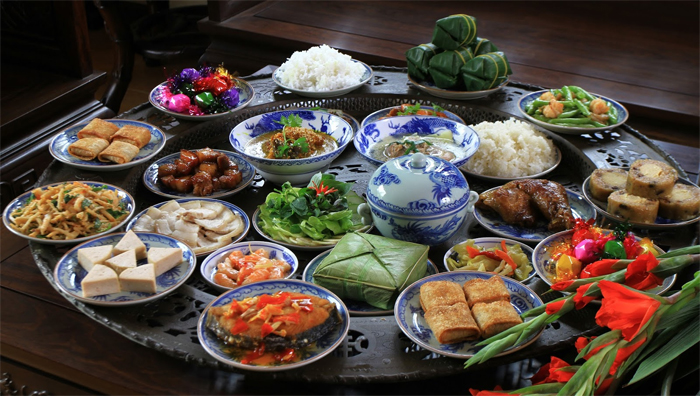 A complete meal with several dishes on Tet Festival
