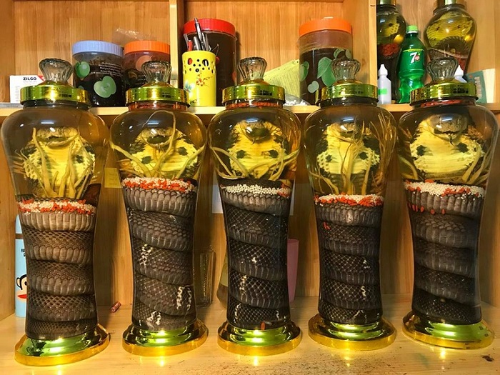 La Mat Snake wine is an alcoholic concoction created by steeping entire snakes in rice wine.